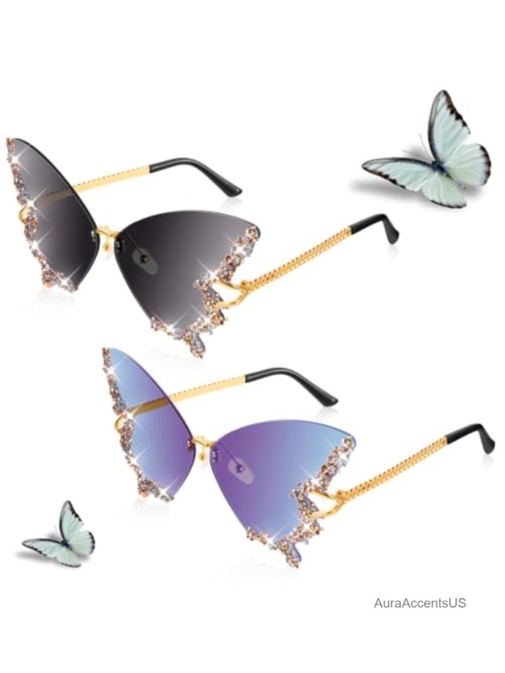 Rimless Butterfly Sunglasses for Women Bow Crystal Design UV Protection